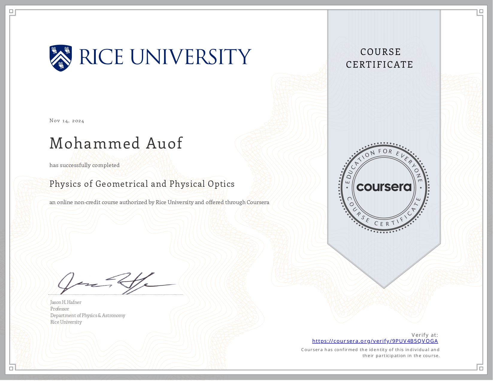 Optics Coursera course