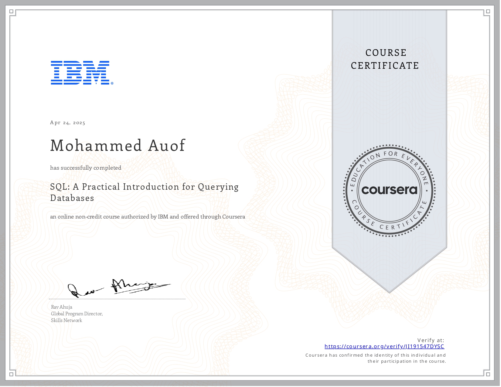SQL Coursera course